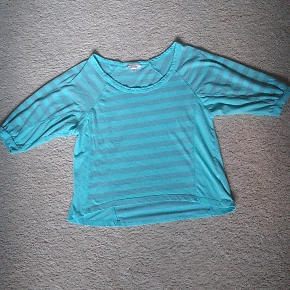 Junior Striped Top. Made by Graine. Size: Small. Aqua/Gray.